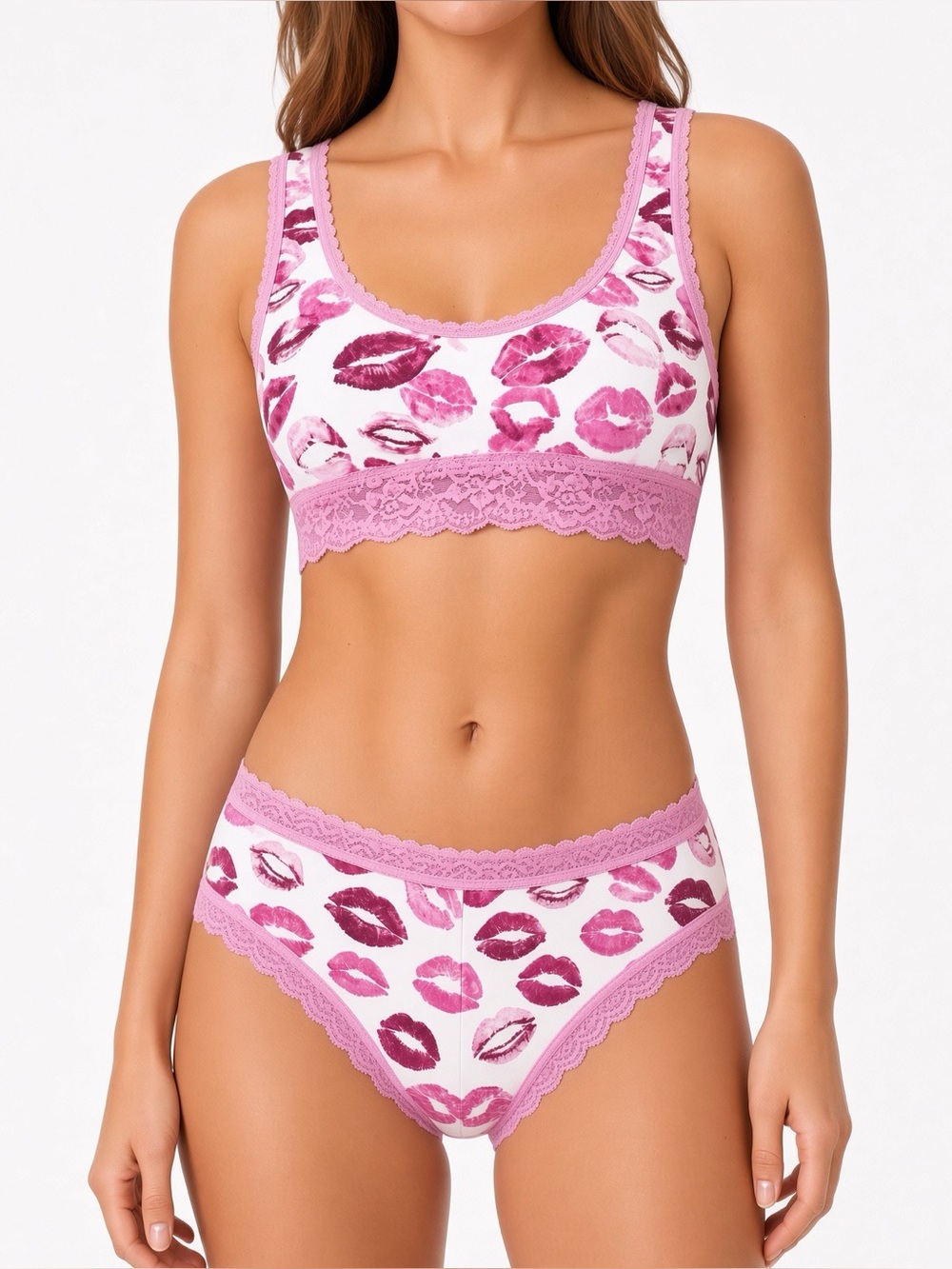 SKIMS Lightweight Cotton Lace Bralette Boyshort Set | Pink Allover Lipstick | XL
